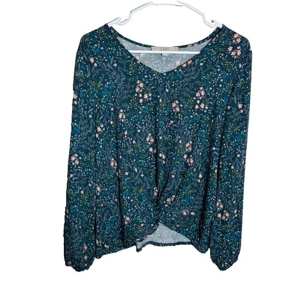 Loft T-Shirt Women's XS Blue Floral Long Sleeve V-Neck Printed Shirt Top Casual - Picture 1 of 7